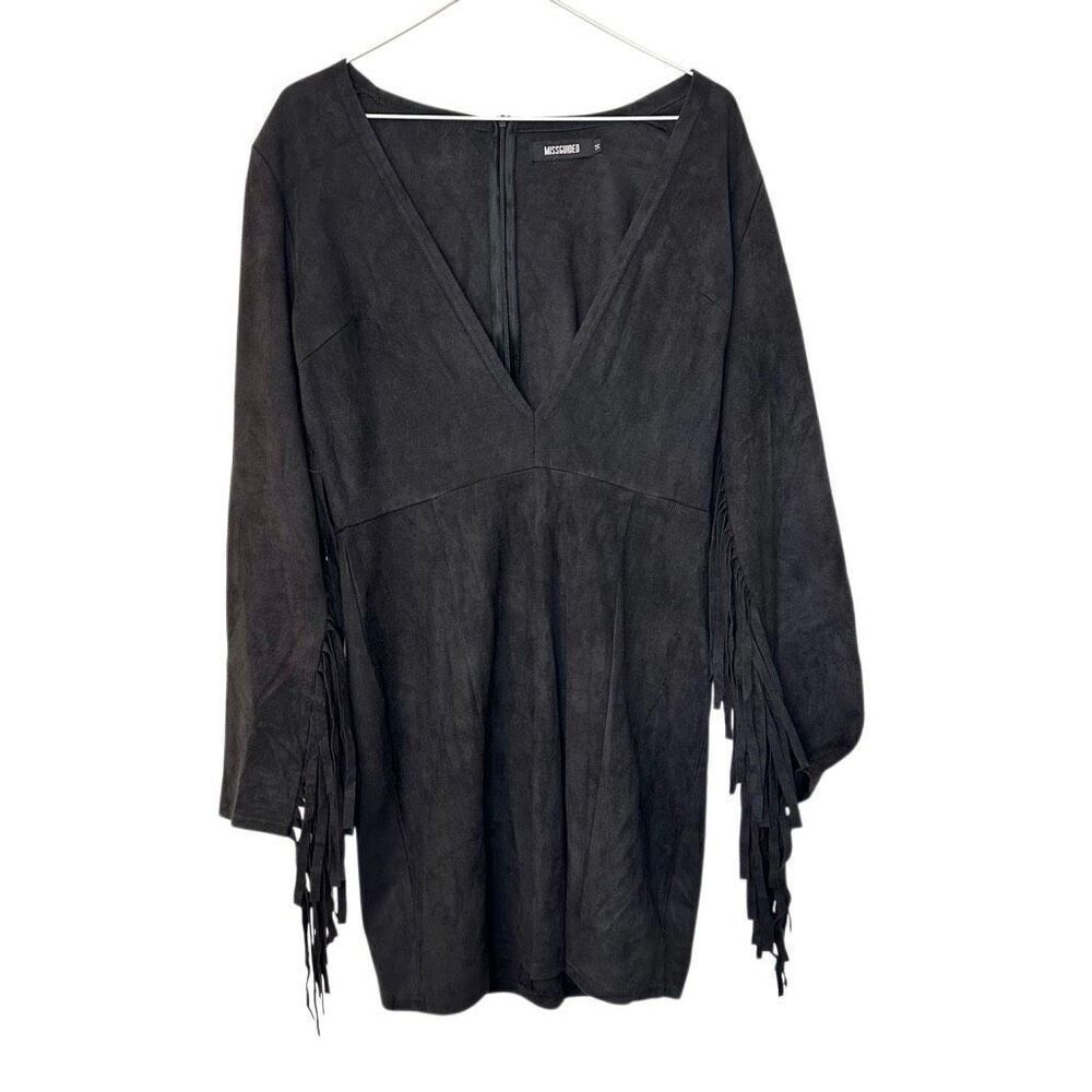Missguided Microsuede V-Neck Fringe Long Sleeve Mini Sheath Dress Black Size 14